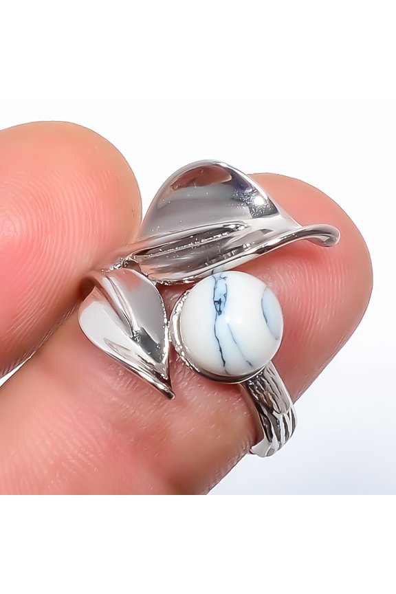 Howlite - Usa 925 Sterling Silver White Rhodium Plated Ring Size Adjustable (91), Christmas Sale, Birthday Gift, Beautiful Jewelry For Woman