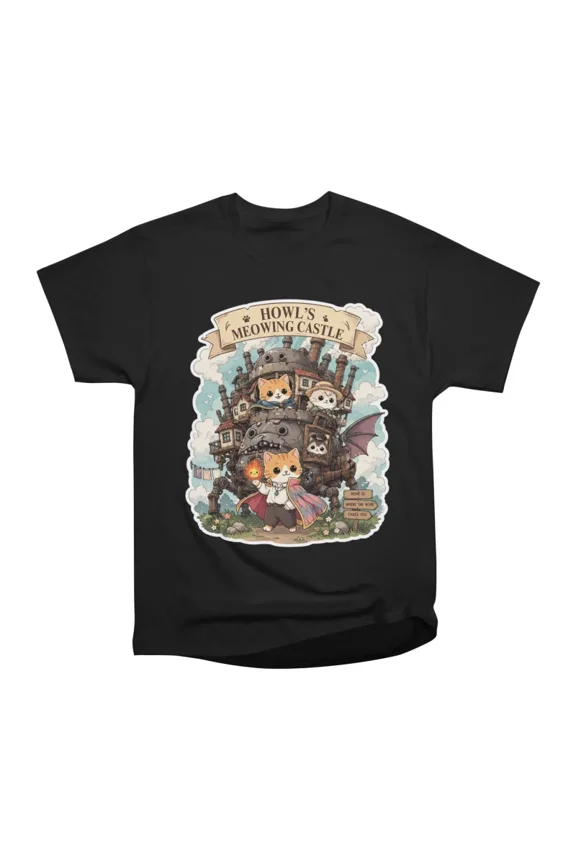Howls Meowing Castle Cute Ghibli Inspired Cat Parody Sticker T-Shirt Tee Gift For Him Merc