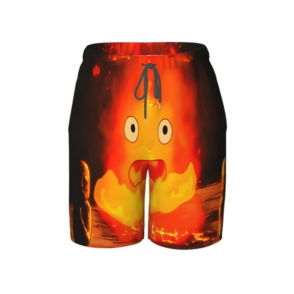 Howls Moving Castl Fire Swim Trunks for Boys Beach Short with Drawstring Swimsuit Pants