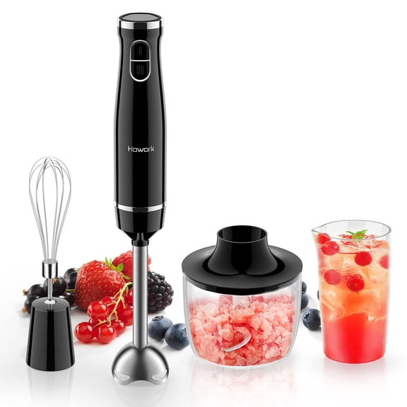 Howork 450W Immersion Hand Blender, 4-in-1 Multifunctional 2 Speed Stainless Steel Handheld Stick Blender, Titanium Cross Blade, 600ml Mixing Beaker and 500ml Food Processor, Dishwasher Safe, Black