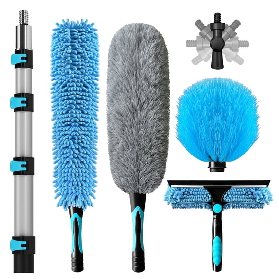 Howsvn 20FT 5-in-1 Cleaning Kit, Extendable Pole 4-16FT, Fan Duster, Squeegee, Cobweb Brush – Washable