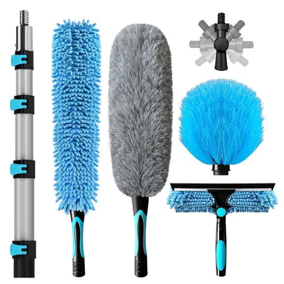 Howsvn 20FT 5-in-1 Cleaning Kit, Extendable Pole 4-16FT, Fan Duster, Squeegee, Cobweb Brush – Washable