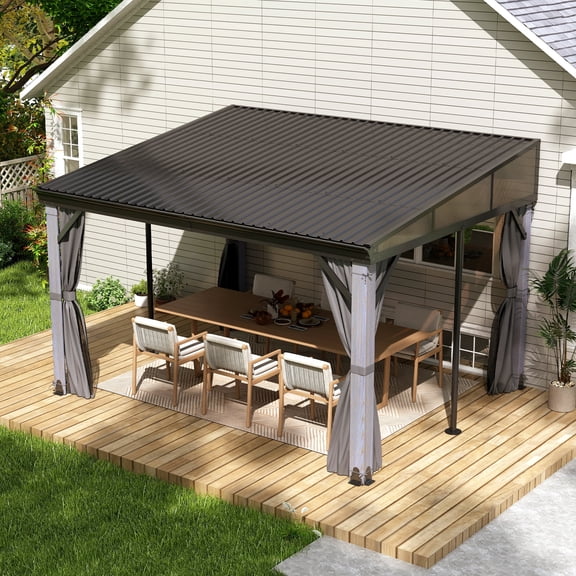 Howsvn 10x12 ft Wood Lean to Gazebo, Wall Mounted Outdoor Patio Gazebo, Heavy Duty Wood Frame Hardtop Pergola with Galvanized Steel Roof for Deck Backyard
