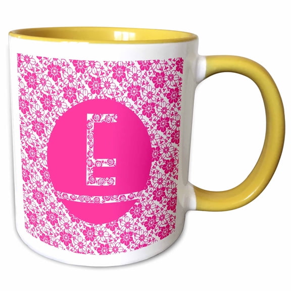 3drose, Hoy Pink Girly Floral Monogram Letter E, 11oz Two-tone Yellow Mug