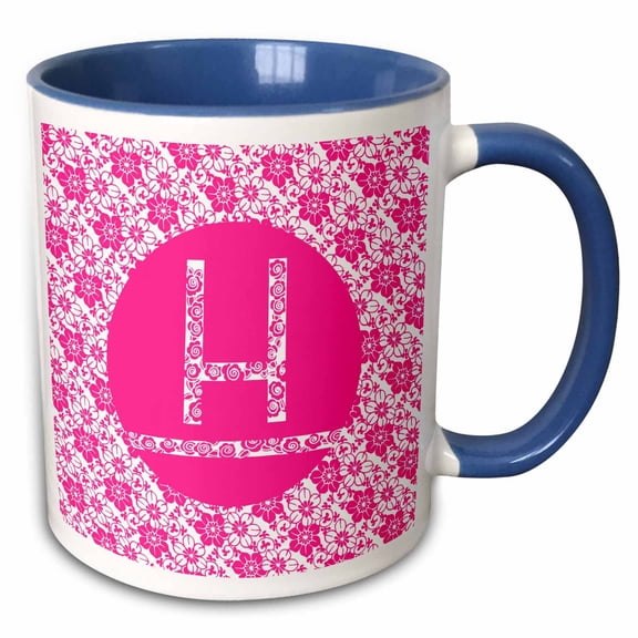 3drose, Hoy Pink Girly Floral Monogram Letter H, 11oz Two-tone Blue Mug