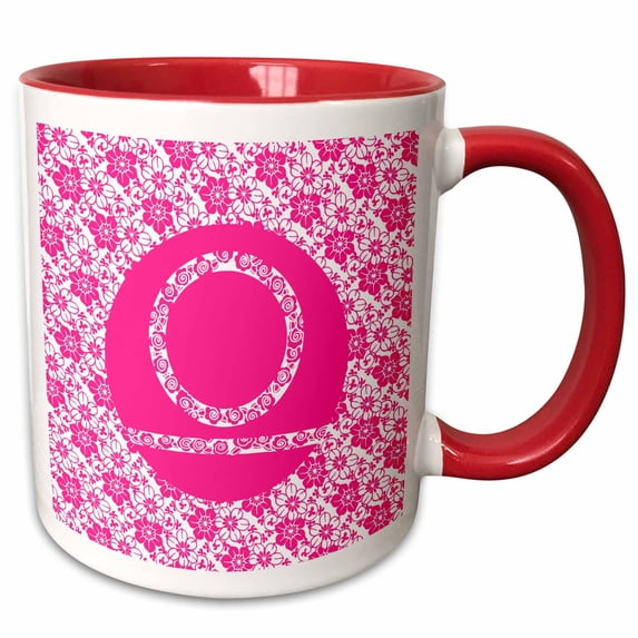 3drose, Hoy Pink Girly Floral Monogram Letter O, 15oz Two-tone Red Mug