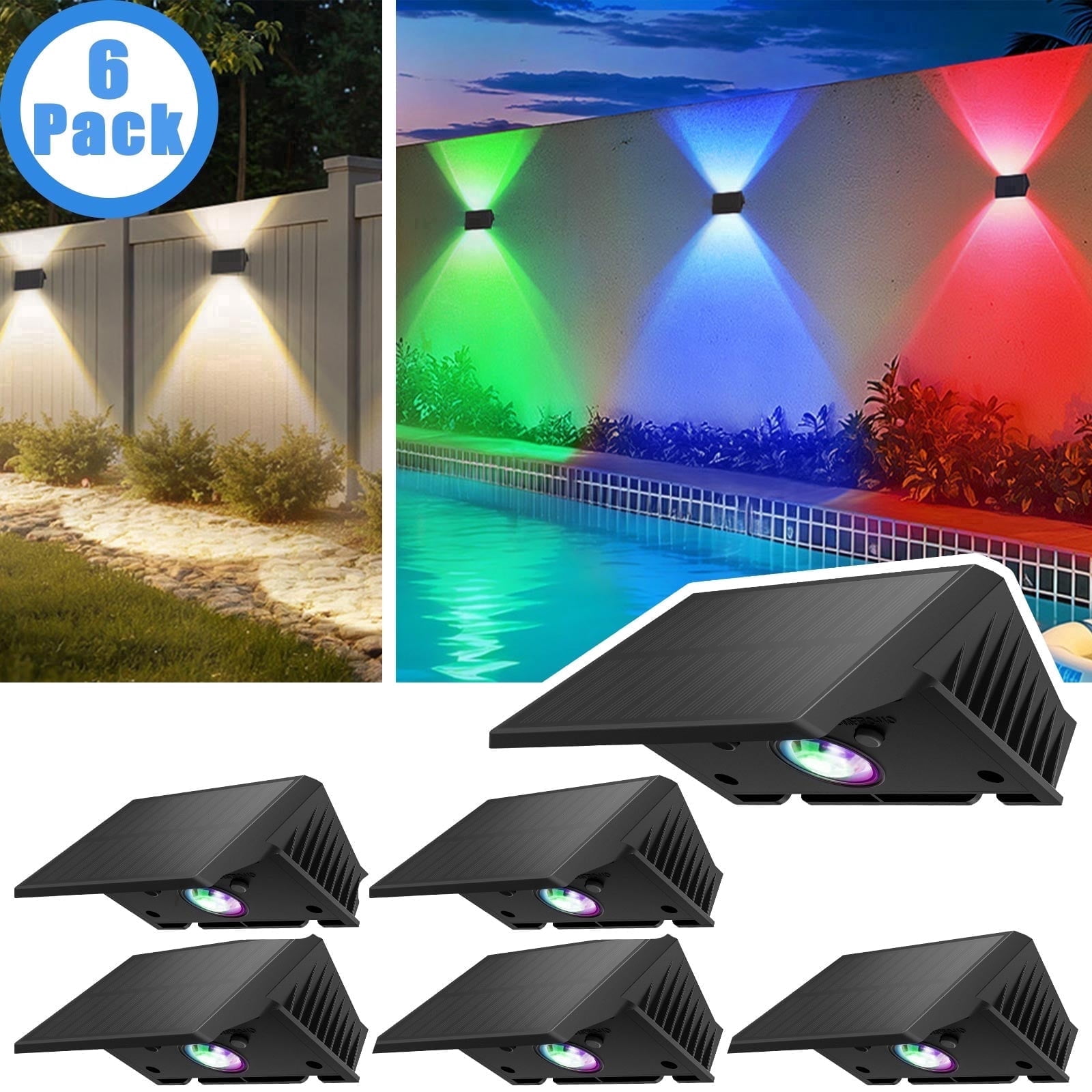 Hoyiours 6-Pack Solar Fence Lights Outdoor Waterproof, 15 Modes Color Changing Solar Wall Lights for Garden Patio Deck, RGB & Warm White