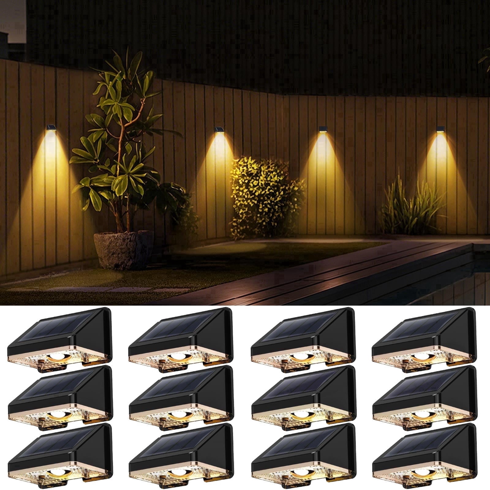 Hoyiours Solar Fence Lights Outdoor Waterproof IP67, Warm White Solar Deck Lights for Yard, Solar Powered Outdoor Lights for Garden Patio, Solar Lights Powered Wall Mount（12 Pack）