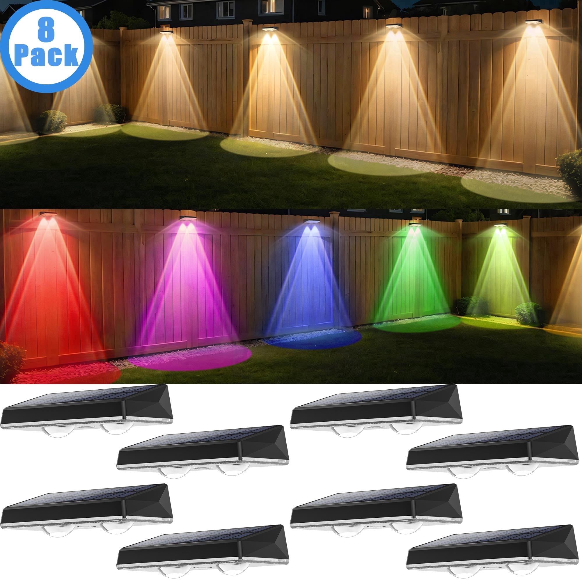 Hoyiours Solar Fence Lights Outdoor Waterproof, RGB & Warm White Solar Wall Lights for Garden, Patio, Deck and Yard（8 Pack）