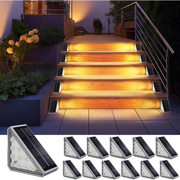 Hoyiours Solar Step Lights Outdoor Waterproof IP67,10 LED 80 Lumens Solar Stair Lights with High-Efficiency Polycrystalline Glass Panel, Triangle Solar Deck Lights for Patio, Yard and Garden, 12Pack