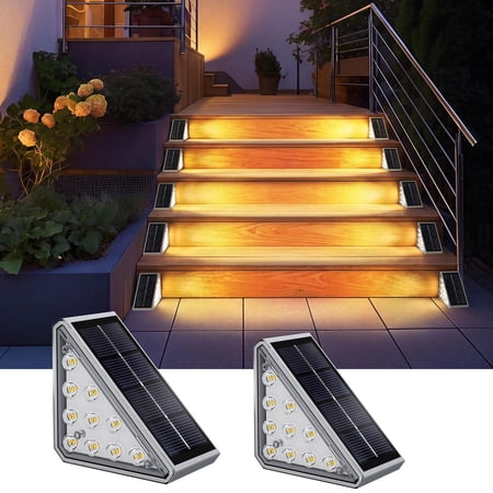 Hoyiours Solar Step Lights Outdoor Waterproof IP67, 10 LED 80 Lumens Solar Stair Lights with High-Efficiency Polycrystalline Glass Panel, Triangle Solar Deck Lights for Patio, Yard and Garden, 2 Pack