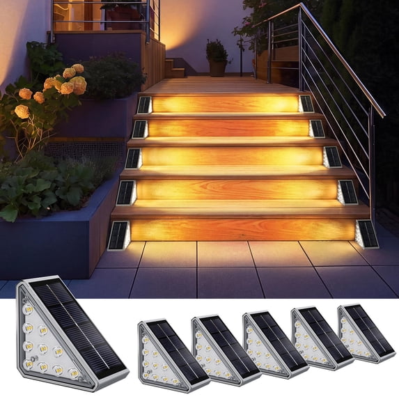 Hoyiours Solar Step Lights Outdoor Waterproof IP67, 10 LED 80 Lumens Solar Stair Lights with High-Efficiency Polycrystalline Glass Panel, Triangle Solar Deck Lights for Patio, Yard and Garden, 6 Pack