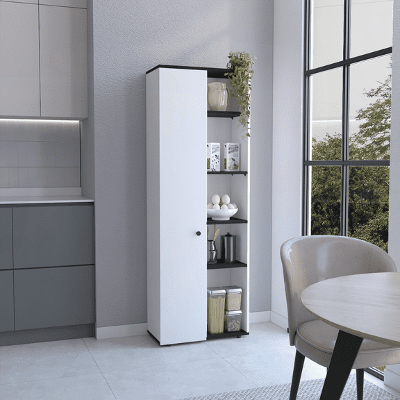 Hoyt Modern Kitchen Pantry Storage Cabinet Laminated Particle Board with 5 Interior & Exterior Shelves