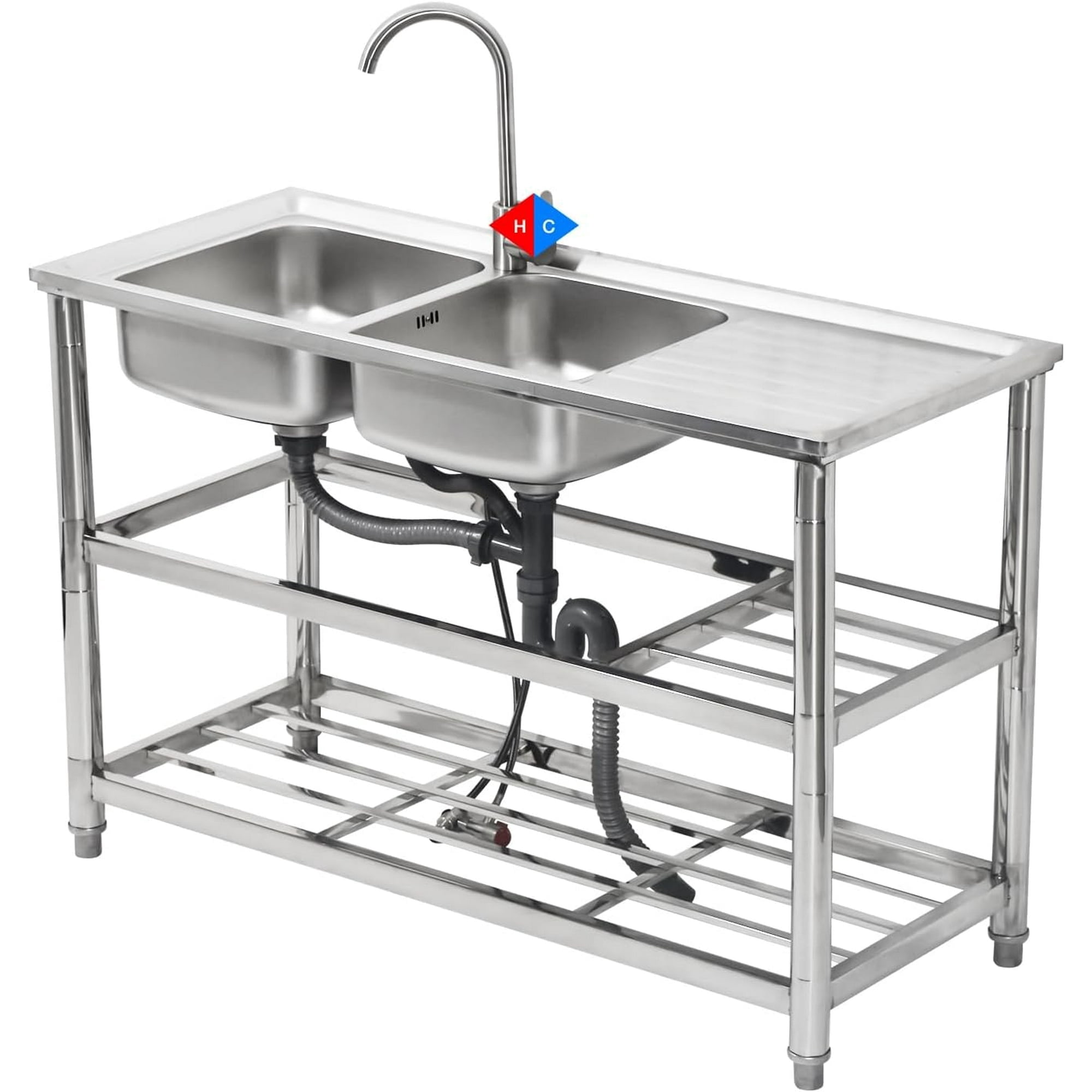 Hozodo Freestanding Sink Stainless Steel Laundry Kitchen Utility Sink, Double Bowls