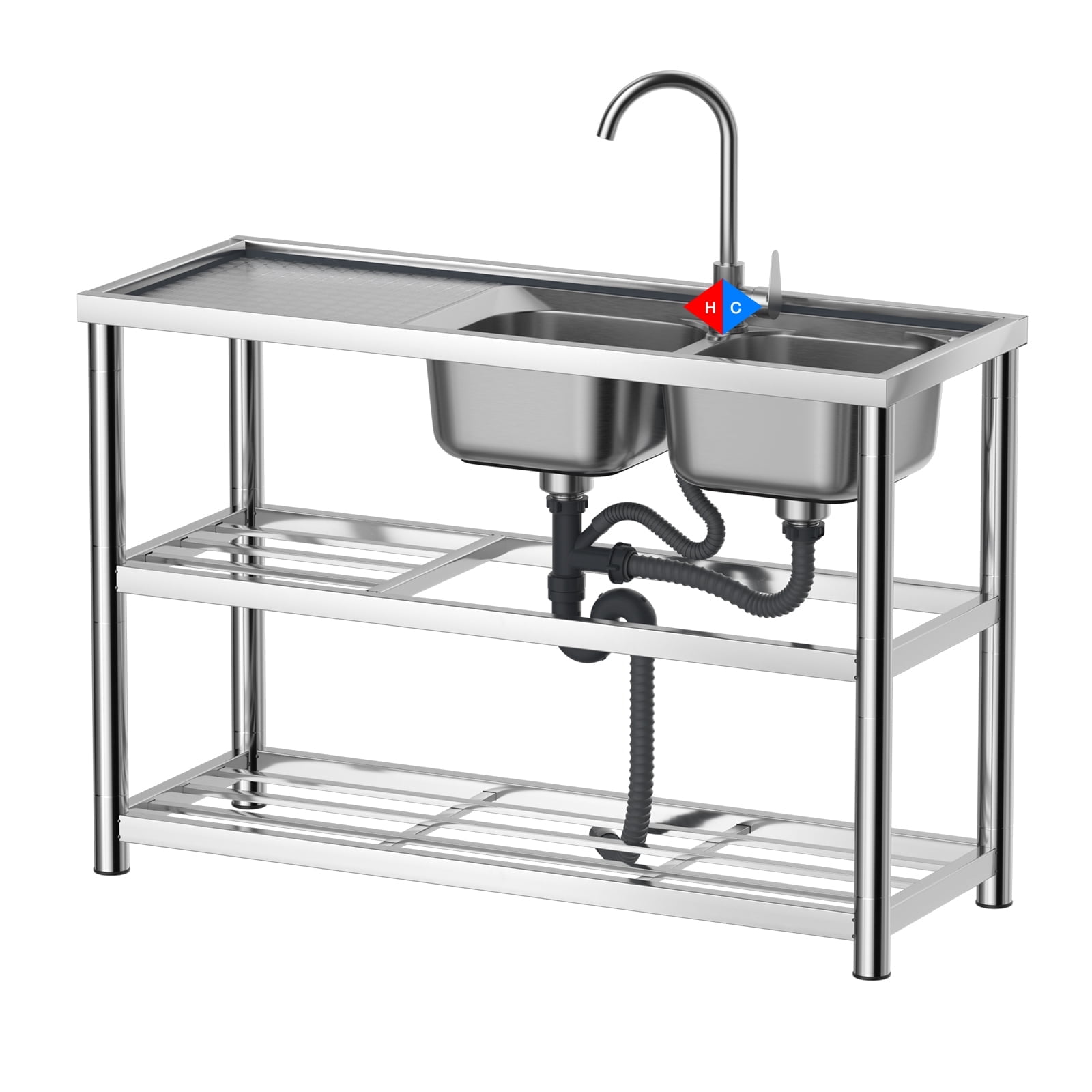 Hozodo Freestanding Sink Stainless Steel Laundry Kitchen Utility Sink, Double Bowls