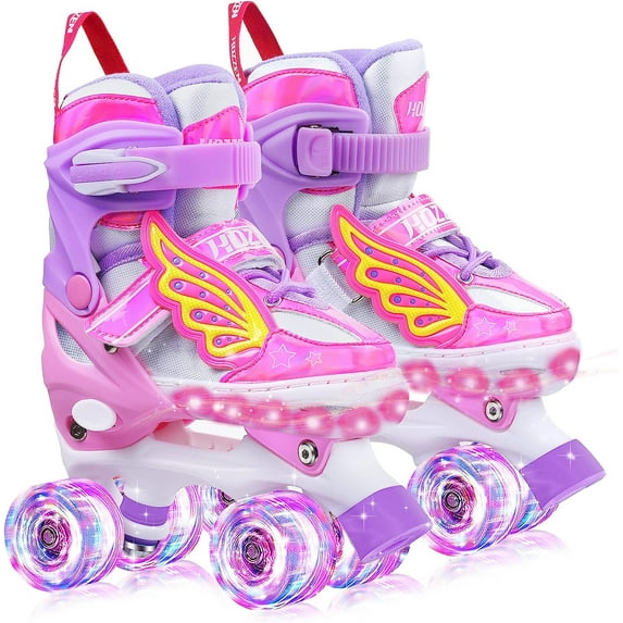 Hozzen Kids Roller Skates for Girls, 4 Sizes Adjustable LED Light Up Girl Roller Skates for Toddlers, Unicorn Pink Shiny Illuminating Wheels Skates, Size M (12C-2Y)
