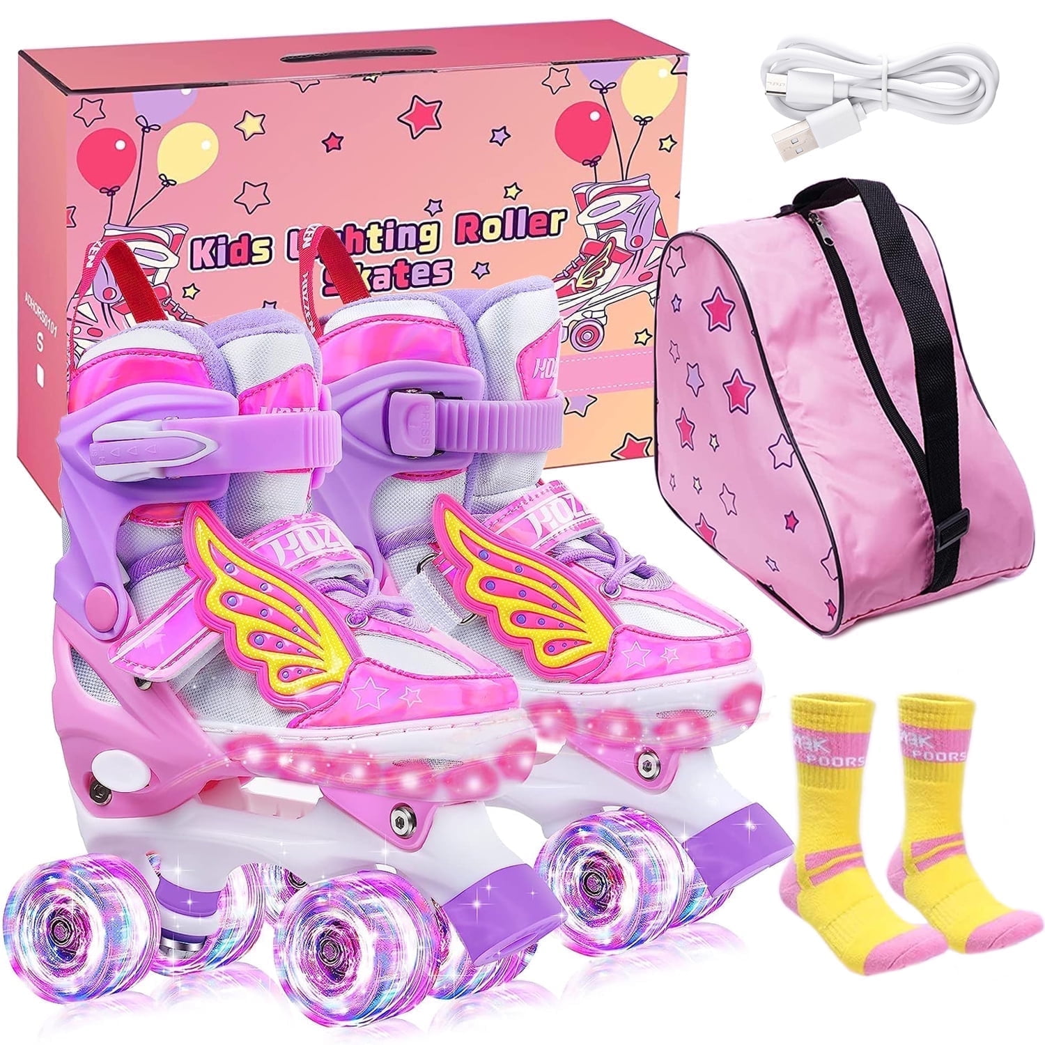 Kids Girls Roller Skates For Toddler Child Beginner, 4 Sizes Adjustable Kids Roller Skates with Light Up Wheels (Pink White, Small)