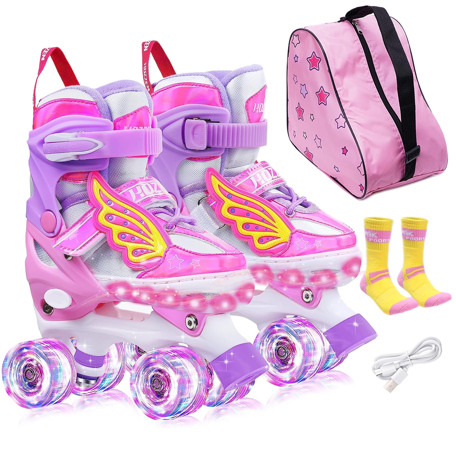 Hozzen Kids Roller Skates for Girls, 4 Sizes Adjustable LED Light Up Girl  Roller Skates for Toddlers, Unicorn Pink Shiny Illuminating Wheels Skates