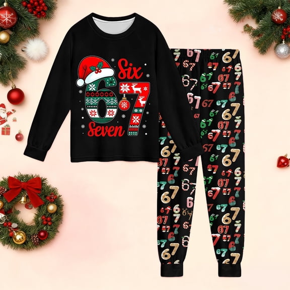 Hpapadks 67 Christmas Shirt Pant Outfit Set Festive Print Long Sleeve Pajama for Kids Cozy Loungewear Soft Two Piece Outfit Kids 6 7 Christmas Pajamas