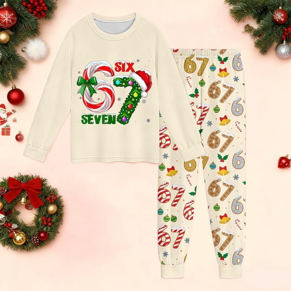 Hpapadks 67 Christmas Shirt Pant Outfit Set Girls Boys Long Sleeve Cozy Themed Print Loungewear Festive Soft Sleepwear 2 Piece Outfit Kids 6 7 Christmas Pajamas