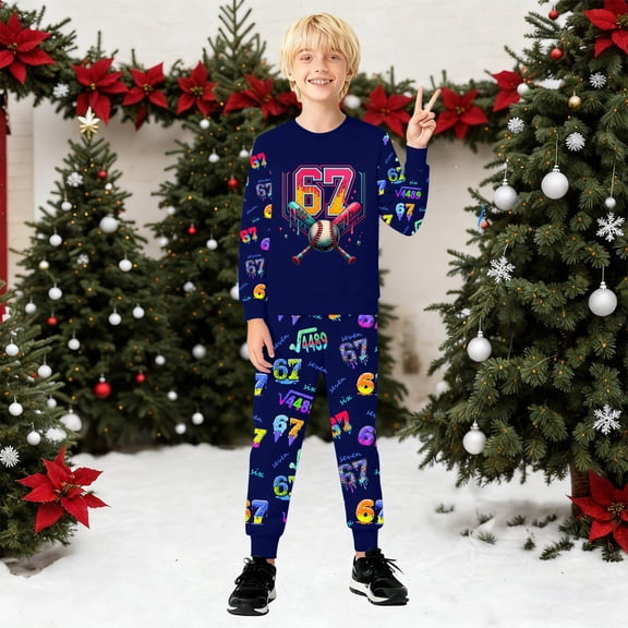 Hpapadks 67 Christmas Shirt Pant Outfit Set Stylish Kids Matching Outfits Playful Graphic Print 2 Piece Casual Wear for Boys Girls Kids 6 7 Christmas Pajamas