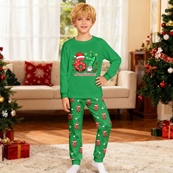 Hpapadks 67 Christmas Shirts Pants Pajama Set Boys Girls Festive Themed Print Long Sleeve Cozy 2 Piece Loungewear for Holiday Christmas 6 7 Pajamas Set for Kids