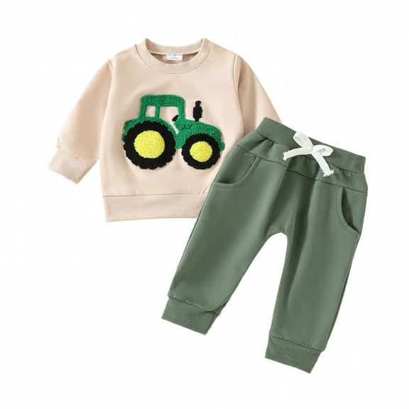 Hpapadks Baby Boy Outfits Boys Tractor Car Jogging Suit Long Sleeve Pullover Sweatshirt Trousers Set Tracksuits Baby Boy Clothes Beige 6-12 Months