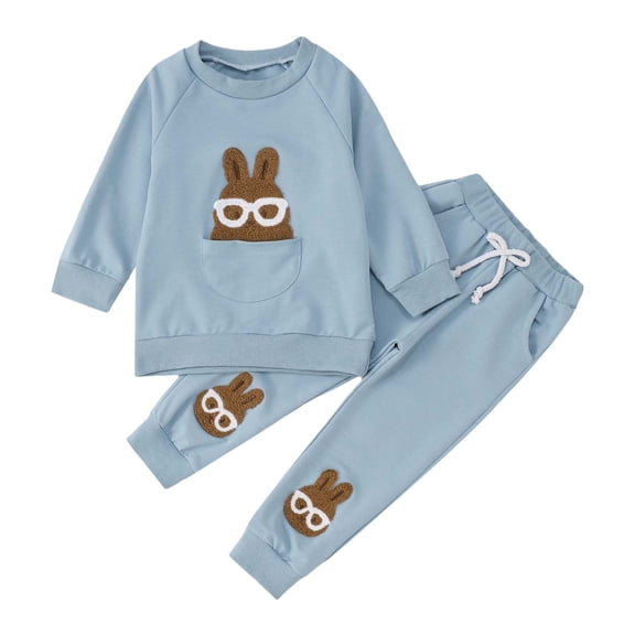 Hpapadks Baby Boy Outfits Easter Leisure Long Sleeve Rabbit Embroidered Sweatshirt Pants Baby Girl Clothes Blue 12 Months-18 Months