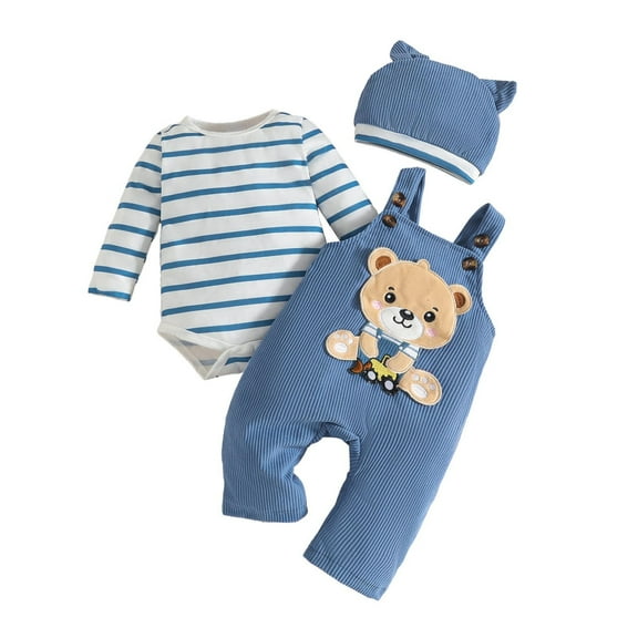 Hpapadks Baby Boy Outfits Long Sleeve Striped Romper Bodysuit Animal Embroider Suspender Pants Hat 3 Pcs Set Baby Boy Clothes Blue 12-18 m