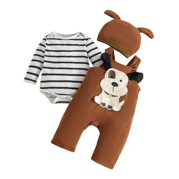 Hpapadks Baby Boy Outfits Long Sleeve Striped Romper Bodysuit Animal Embroider Suspender Pants Hat 3 Pcs Set Toddler Clothes for Girls Black 3-6 m