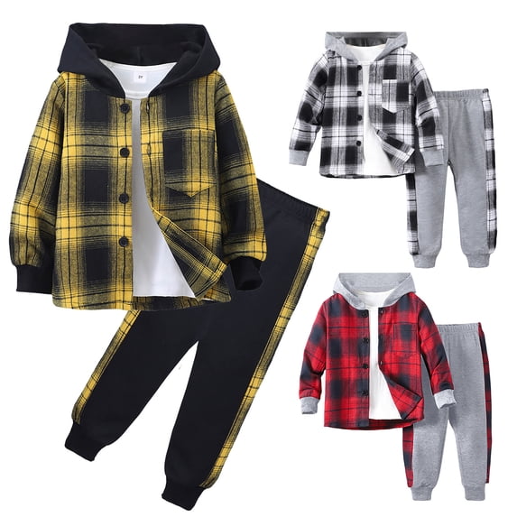 Hpapadks Baby Boy Outfits Short Sleeve Plaid Prints Button Down Hooded Shirt Coat Pant 2 Piece Set Newborn Clothes Grey 2-3 Years