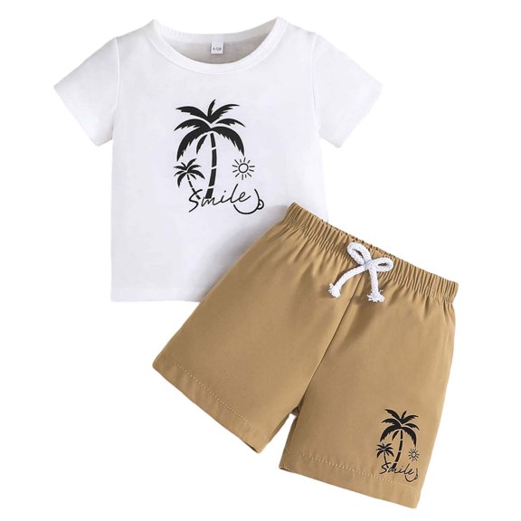 Hpapadks Baby Boy Outfits Summer Short Sleeve Casual Coconut Tree Prints T Shirt Tops Shorts Baby Boy Clothes Khaki 6-9 Months