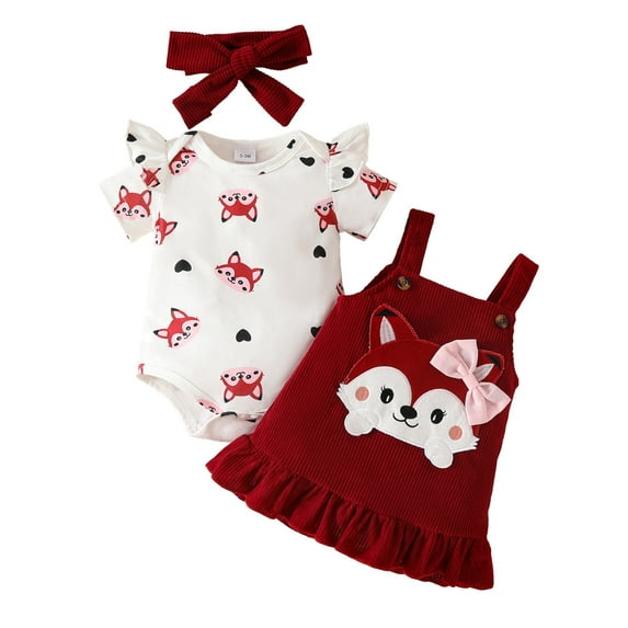 Hpapadks Baby Girl Fall Outfits Short Sleeve Cartoon Print Romper Suspender Skirts Headband 3 Pieces Set Girl Clothes Red 9-12 m