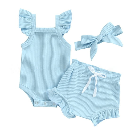Hpapadks Baby Girl Outfit Infant Solid Knitted Fly Sleeve Romper Shorts Hairband 3 Piece Set Baby Clothes Light Blue 3-6 m