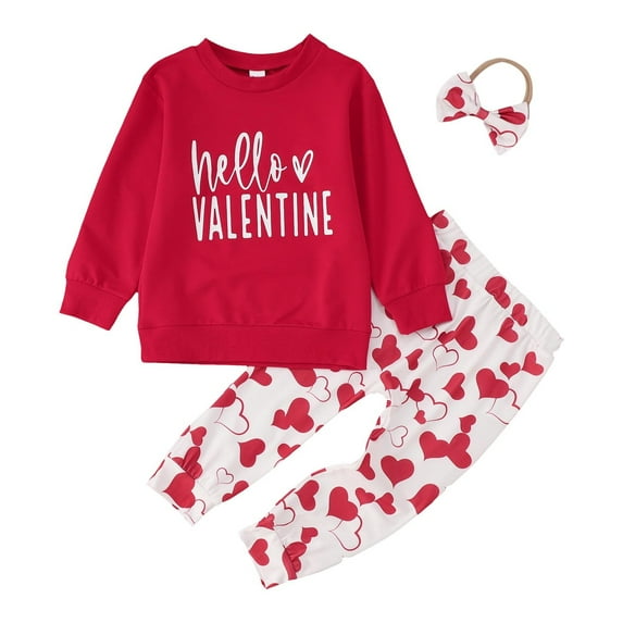Hpapadks Baby Girl Outfits Fashion Valentine's Day Letters Long Sleeve Tops Hearts Trousers Baby Girl Clothes Red 18 Months-24 Months