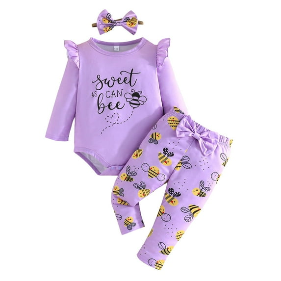 Hpapadks Baby Girl Outfits Infant Girls Long Sleeve Letter Cartoon Romper Pants Cute Headband Baby Girl Clothes Purple L