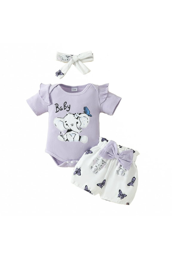 Baby Girl Outfits Infant Short Sleeve Cartoon Prints Romper Shorts Hairband Baby Girl Clothes Purple 12-18 Months