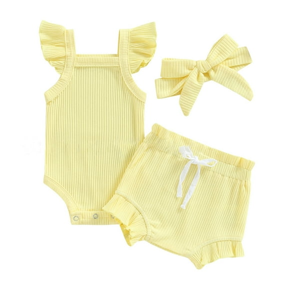 Hpapadks Baby Girl Outfits Solid Knitted Fly Sleeve Romper Shorts Hairband 3 Piece Set Clothes Yellow 6-12 m