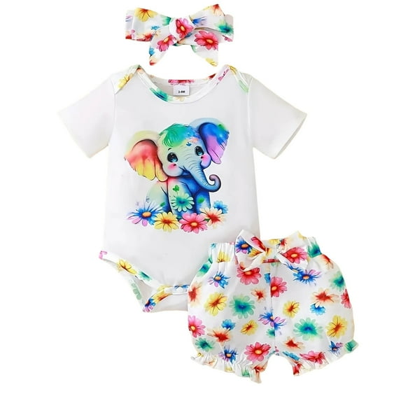Hpapadks Baby Girl Outfits Summer Short Sleeve Colorful Elephant Flowers Romper Shorts Headband 3 Piece Set Girl Clothes White 9-12 m