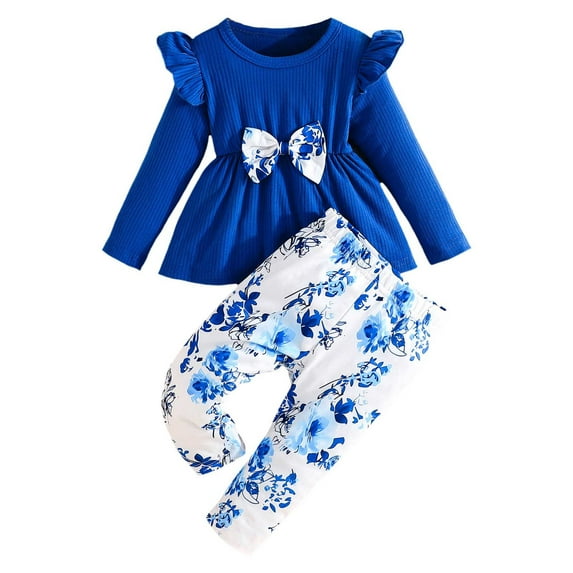Hpapadks Baby Girl Outfits Long Sleeve Flowers Print Ribbed Bowknot Tops Trousers Set Baby Girl Clothes Blue 6 Months-9 Months