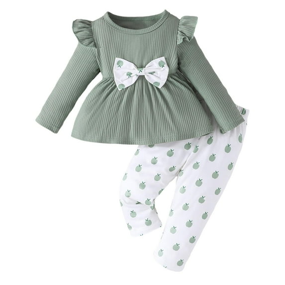 Hpapadks Baby Girl Outfits Long Sleeve Flowers Print Ribbed Bowknot Tops Trousers Set Baby Girl Clothes Light Green 2 Years-3 Years