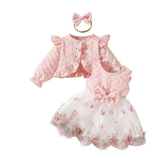 Hpapadks Baby Girl Outfits Long Sleeve Ruffles Floral Coat Butterflies Bowknot Mesh Dress Headbands Baby Girl Clothes Pink 18 Months-24 Months