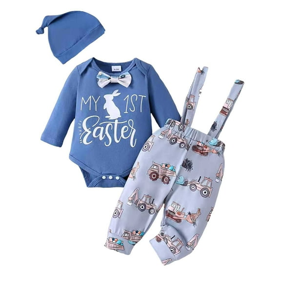 Hpapadks Baby Girl Outfits My First Easter Bunny Letter Print Long Sleeve Romper Suspender Pants Hat 3 Pc Set Toddler Boy Clothes Sky Blue 9-12 m
