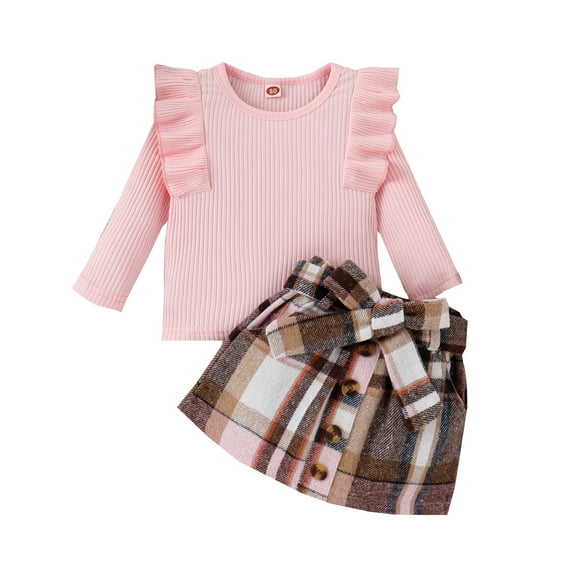 Hpapadks Baby Girl Outfits Ruffles Long Sleeve Solid Ribbed T Shirt Tops Plaid Bow Tie Skirt Baby Girl Clothes Red 18-24 Months