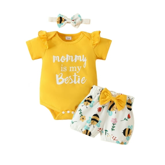 Hpapadks Baby Girl Outfits Short Sleeve Casual Letter Romper Tops Cartoon Shorts Hairband Baby Girl Clothes Yellow 12 Months-18 Months