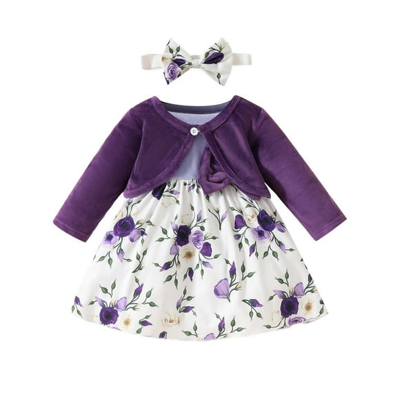 Hpapadks Baby Girl Outfits Sleeveless Flowers Print Bowknot Dress Long Sleeve Solid Coat Baby Girl Clothes Purple 18 Months-24 Months