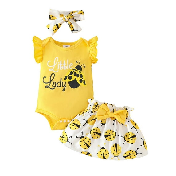 Hpapadks Baby Girl Outfits Summer 3 Piece Set Casual Lace Fly Sleeve Printed Romper Bow Skirt Headband 3 Piece Set Toddler Clothes for Girls Yellow 0-3 m