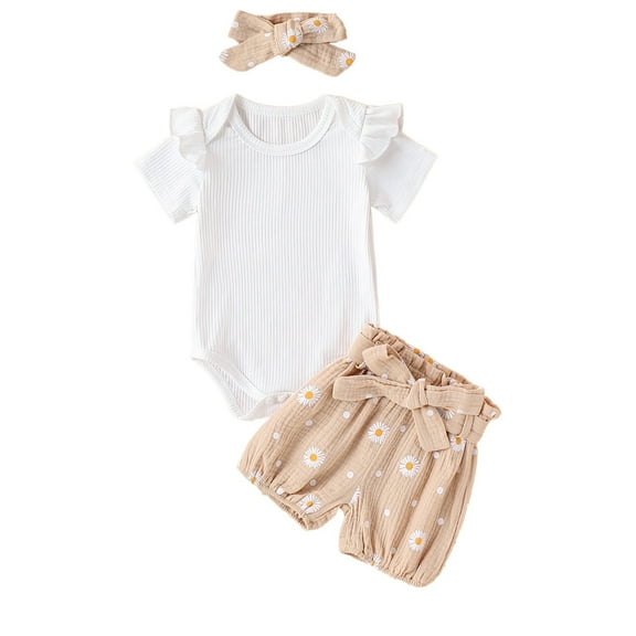 Hpapadks Baby Girl Outfits Summer Ribbed Short Sleeve Solid Romper Flowers Print Shorts Headband Baby Girl Clothes Brown 9-12 Months