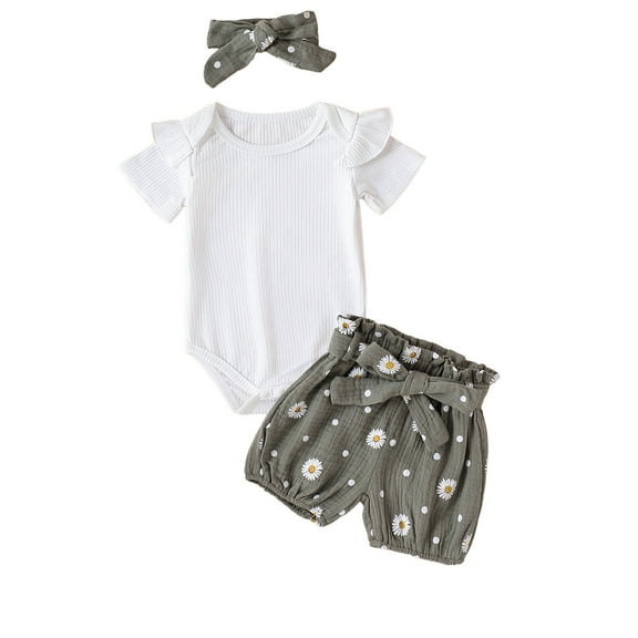 Hpapadks Baby Girl Outfits Summer Ribbed Short Sleeve Solid Romper Flowers Print Shorts Headband Baby Girl Clothes Dark Green 3-6 Months