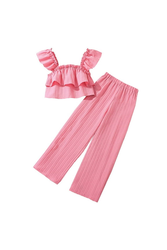 Baby Girl Outfits Summer Sleeveless Solid Ruffles Short Tops Wide Leg Pants Baby Girl Clothes Red 11-12 Years